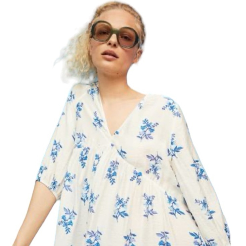 H&M Blue & White Floral V‎ Neck Babydoll 90’s Mini Dress 3/4 Sleeves size M Y2K